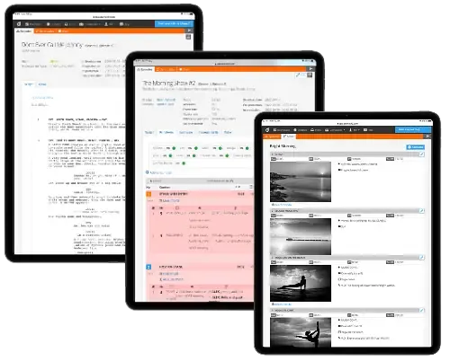 Commercial video production software with three script formats including AV scripts, screenplays and rundowns for branded content, ads and campaign video workflows.