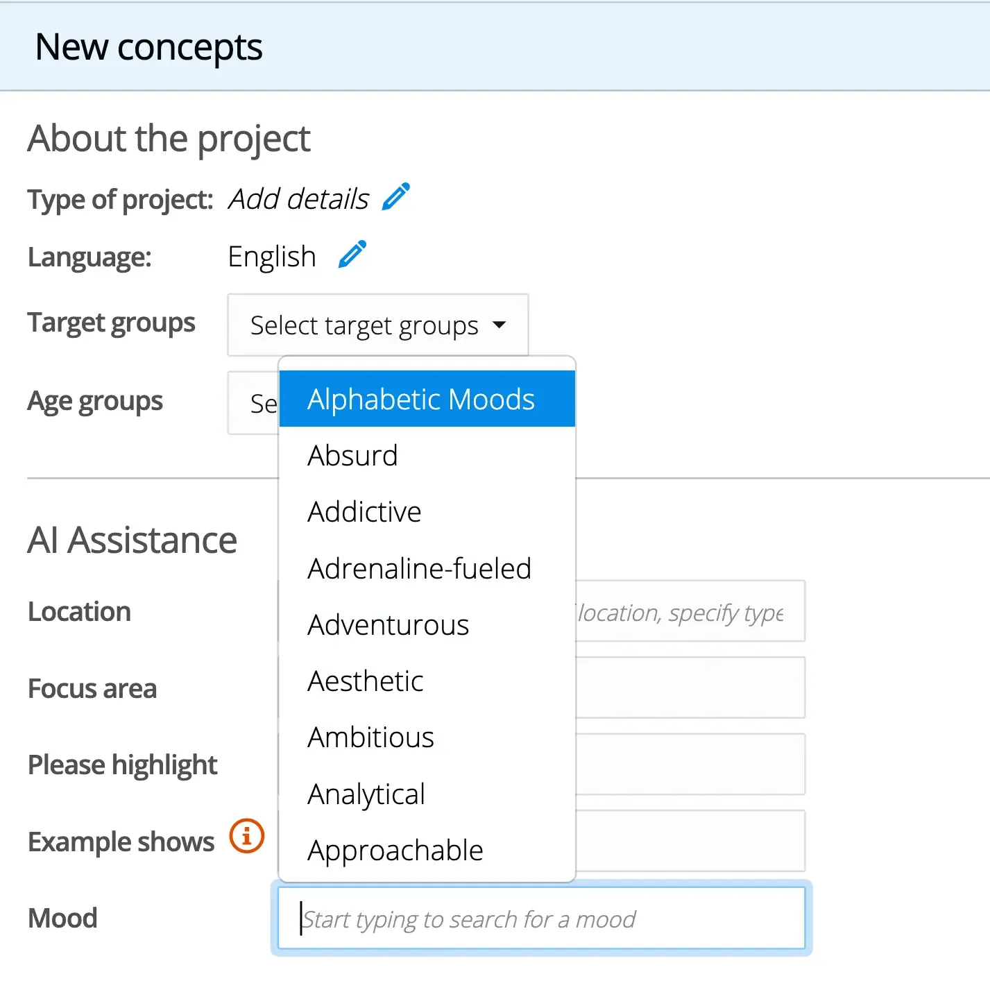 Audience and genre alignment form within AI show development software