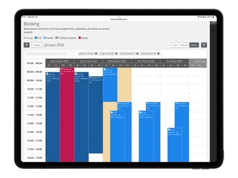 Production asset management software weekly booking view matching people and equipment availability.