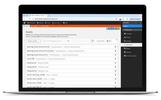 Production asset management software showing a company-wide asset directory with equipment, facilities, and production resources.