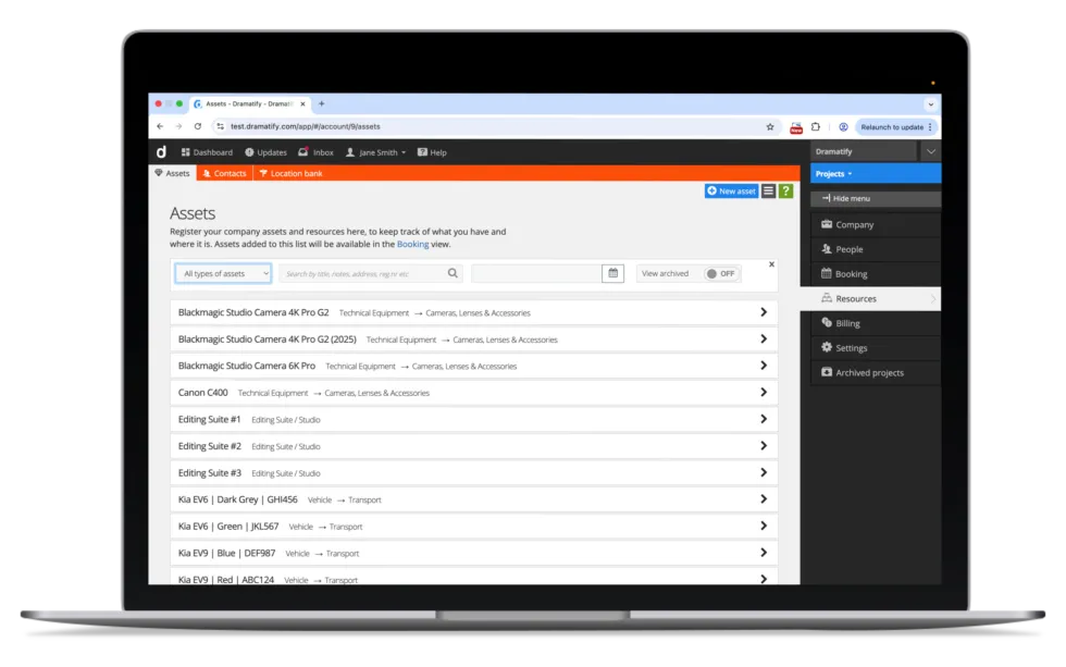 Production asset management software showing a company-wide asset directory with equipment, facilities, and production resources