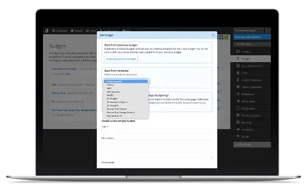 Film production management software with templates