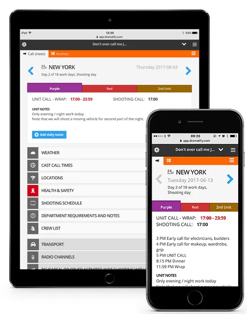 Call sheet on iPad and iPhone