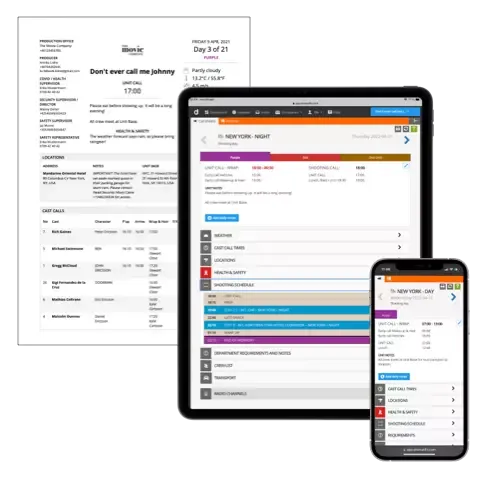 Call sheets for film, TV, video and broadcasting