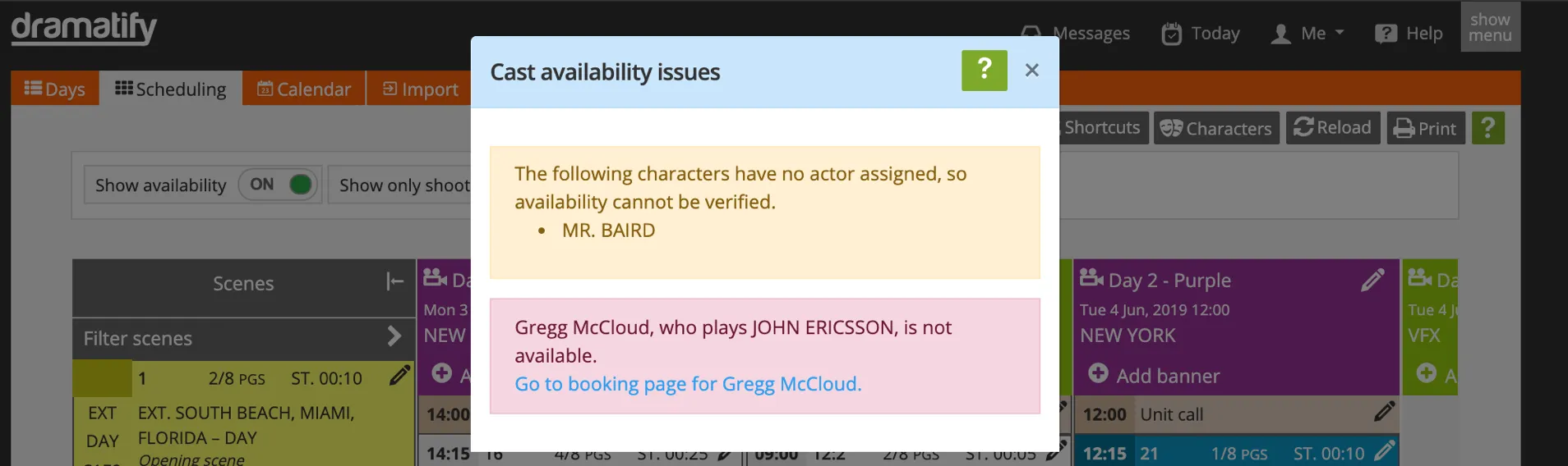 Cast availability details