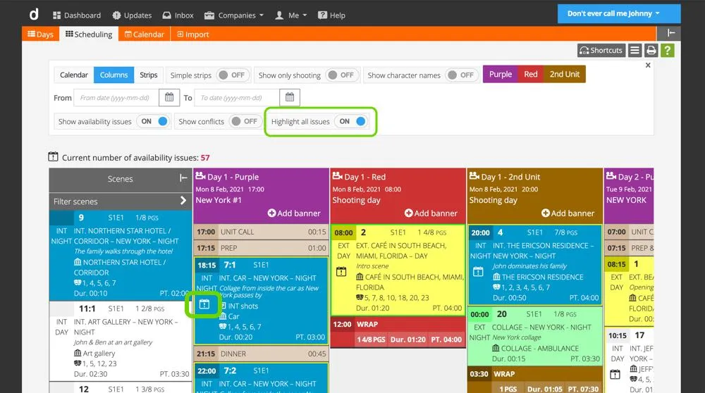 Cast availability highlighting in the scene scheduling for film, drama, entertainment, reality