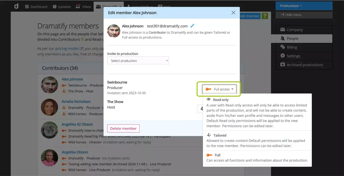 Change production access for team members in the People page in the Company section.