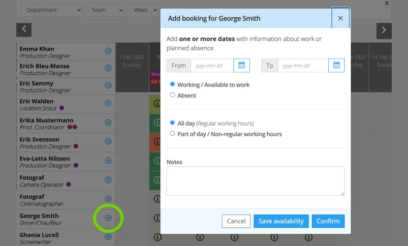 Crew scheduling - add availability