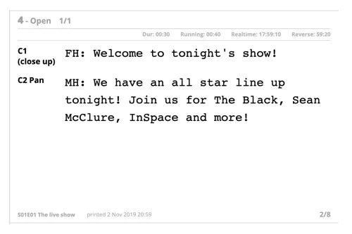 Printed cue cards generated from the Dramatify rundown