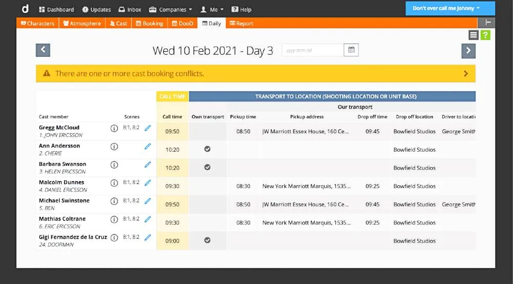 Daily Cast Schedule, create cast calls, for film, drama, TV, entertainment