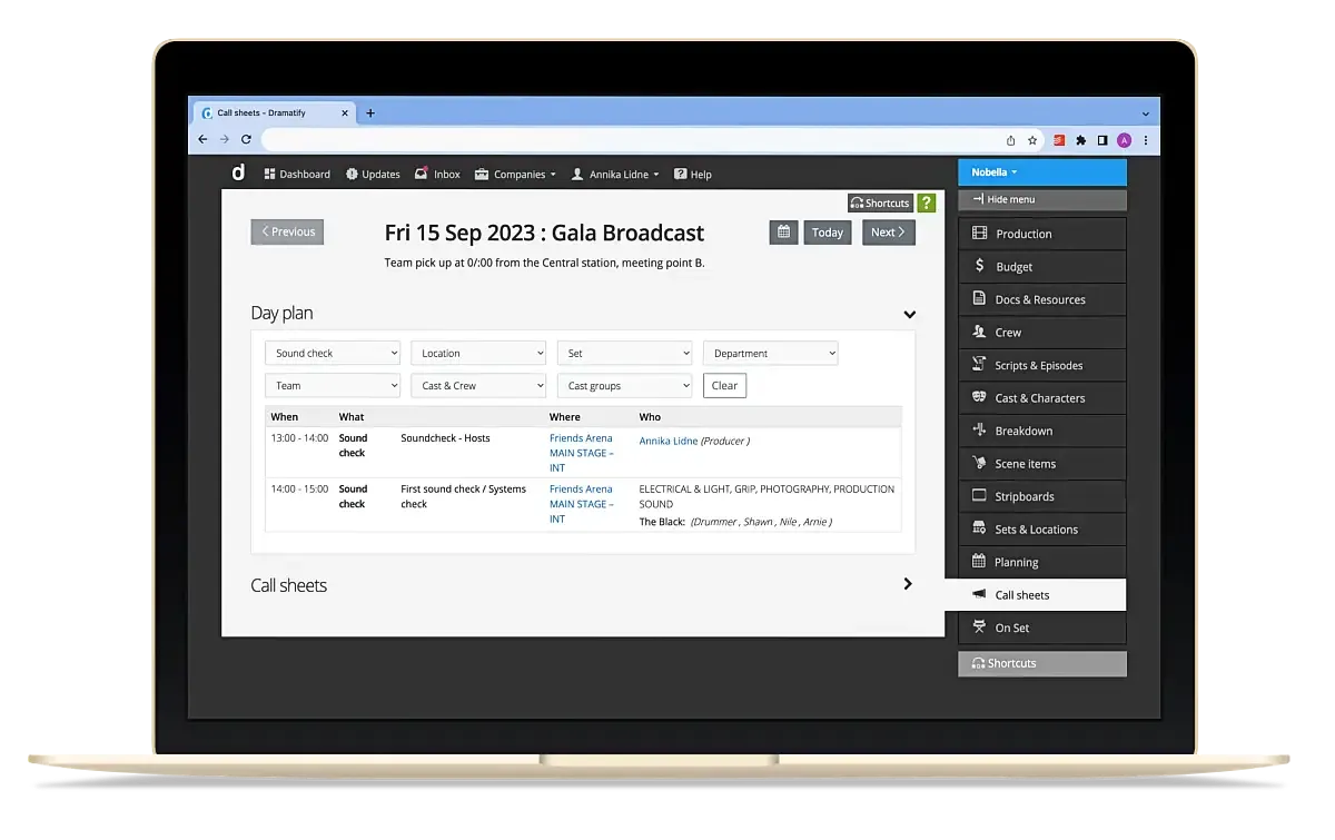 Filtered, customised daily production planning for TV, entertainment, sports, broadcasting