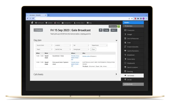 Filtered custom daily production schedules in Dramatify