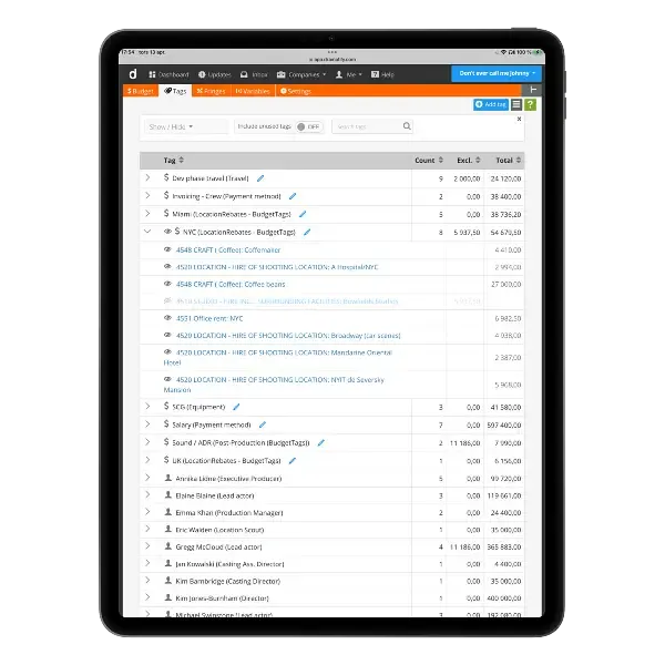 Dramatify's production management budgeting includes cost tagging