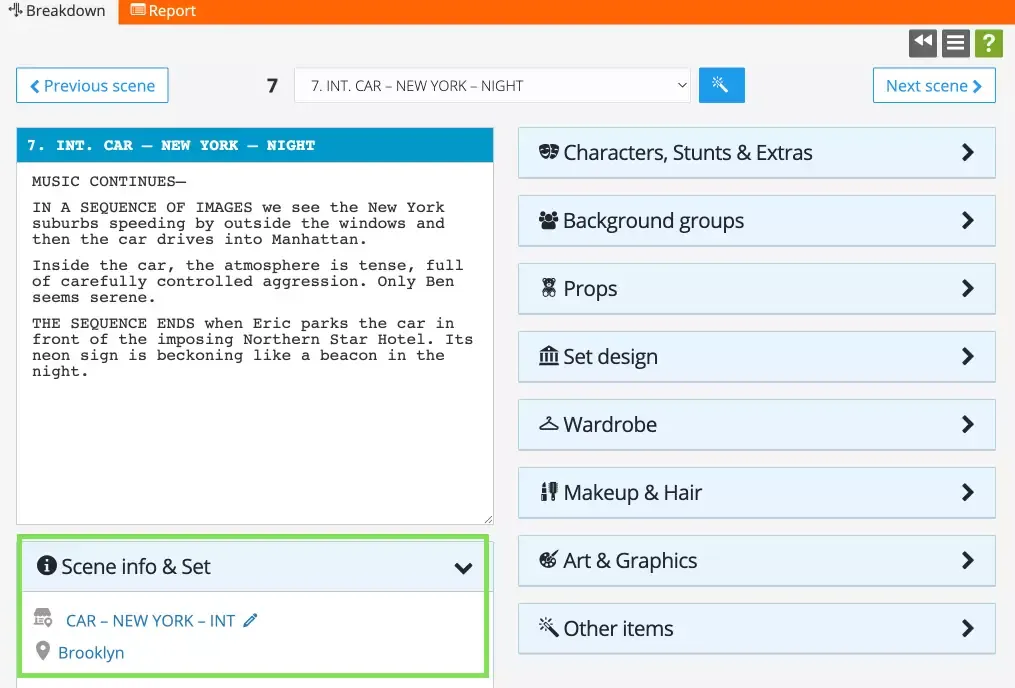 Add and edit sets in the script breakdown.