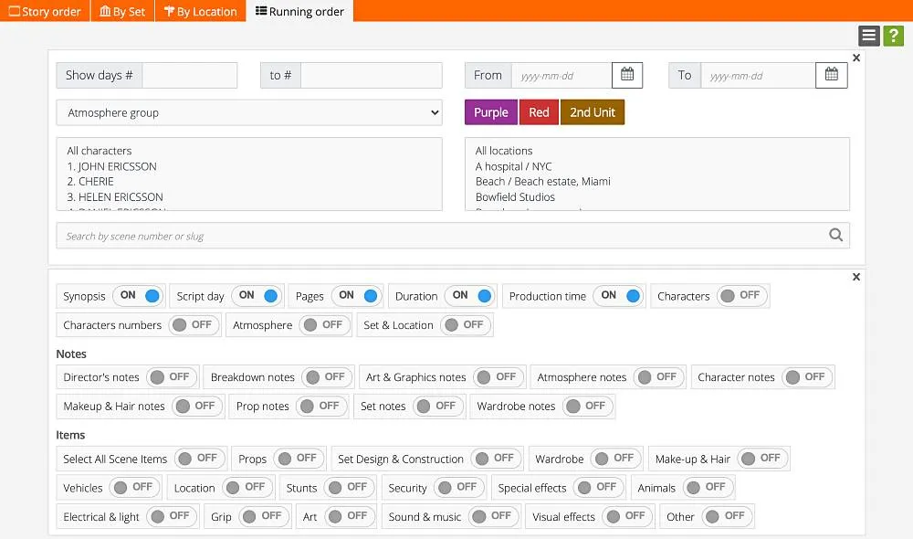 Filtering the running order for TV, film, drama, entertainment and commercials