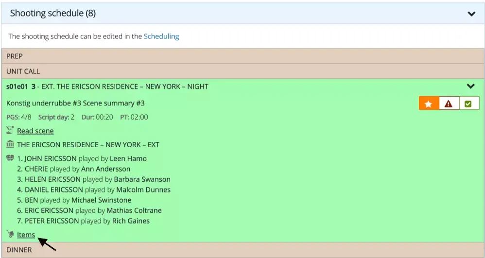 Scene items lists directly in digital call sheets