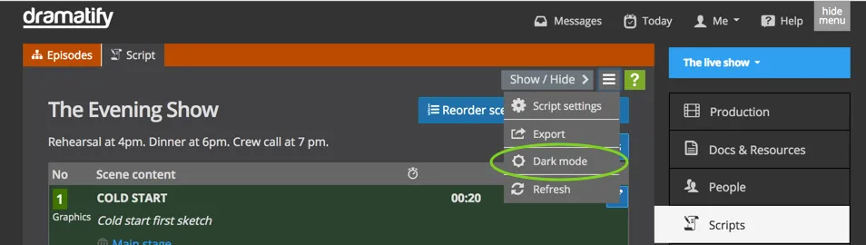 Add dark mode to your entertainment script and rundown