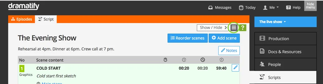 Live/studio script menu