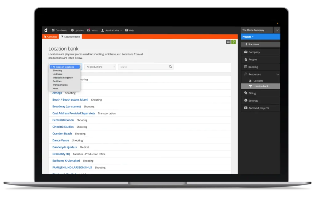 The location bank automatically captures locations added to productions for a filming locations database and production location management