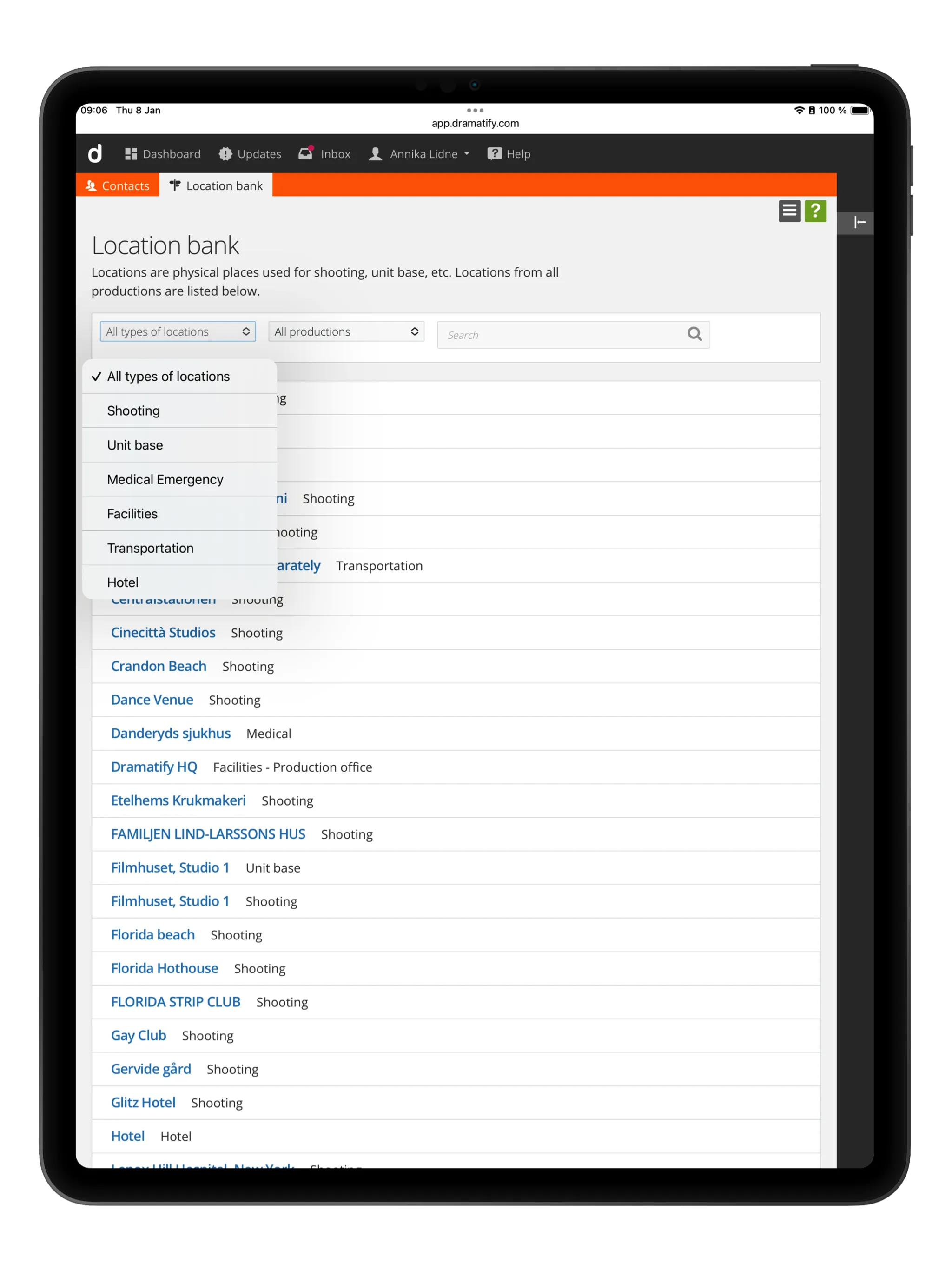 Location bank with type menu for film, TV, video and broadcasting