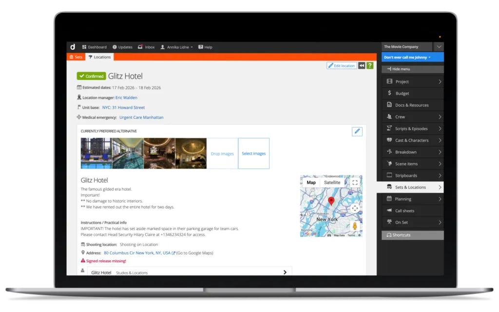 Update and edit locations in the Location Bank, Dramatify’s production location management and filming location database.