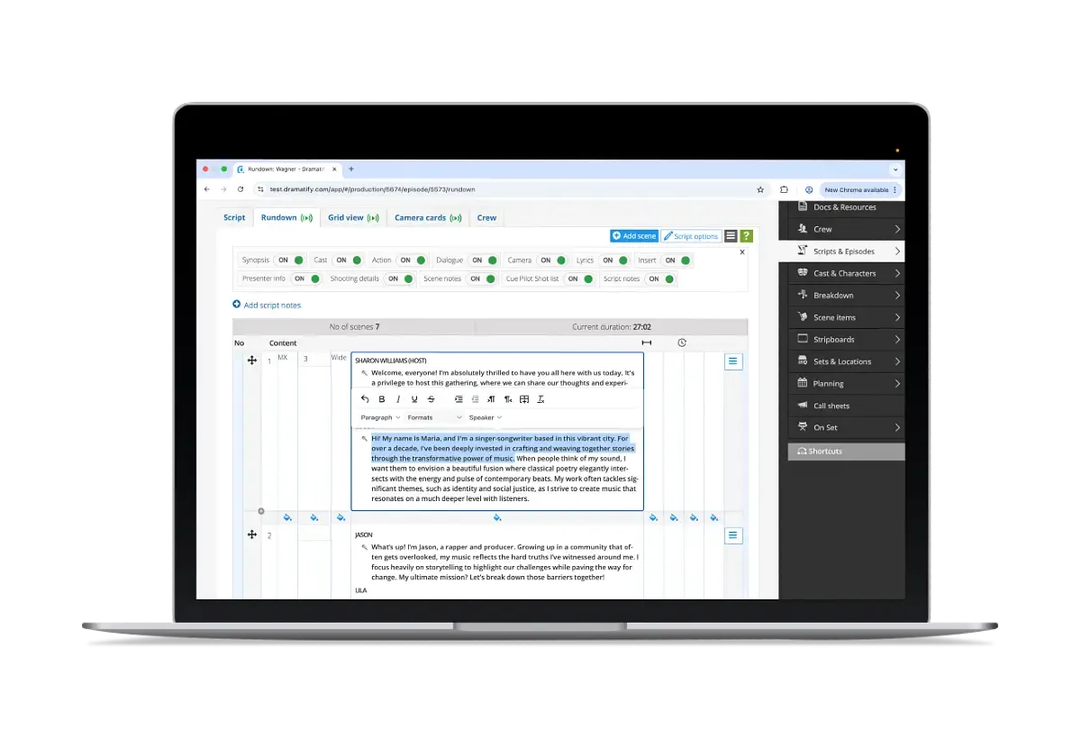 Dramatify's rundown editor with fast formatting for live broadcast, cue cards and teleprompters