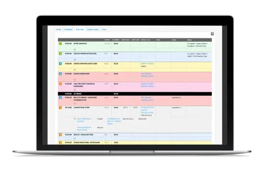 Rundown grid view for planning live and sports broadcasts and live streams including custom feeds and commentators.