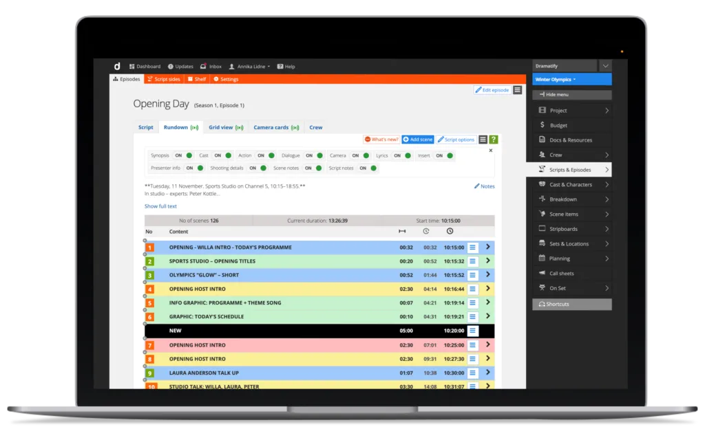 The cloud-based rundown is an essential part of Dramatify’s sports production workflow.