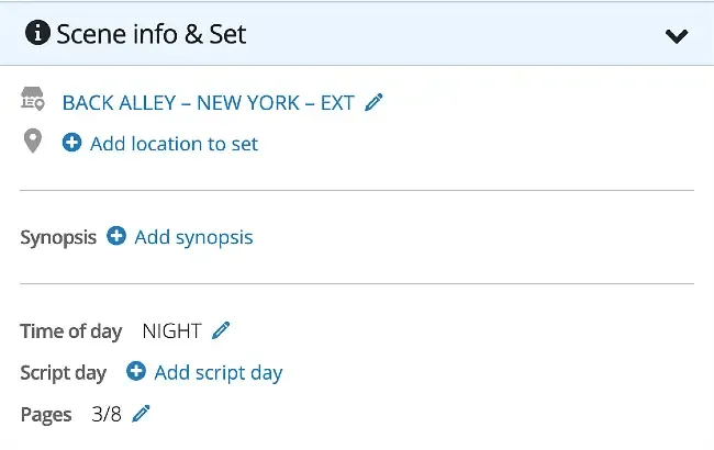 Script breakdown: Edit scene and set info