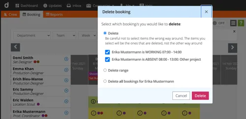Crew scheduling - delete multiple bookings