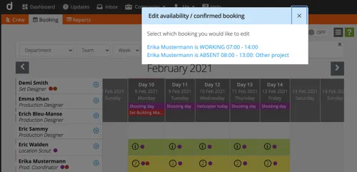 Crew scheduling - select booking to edit