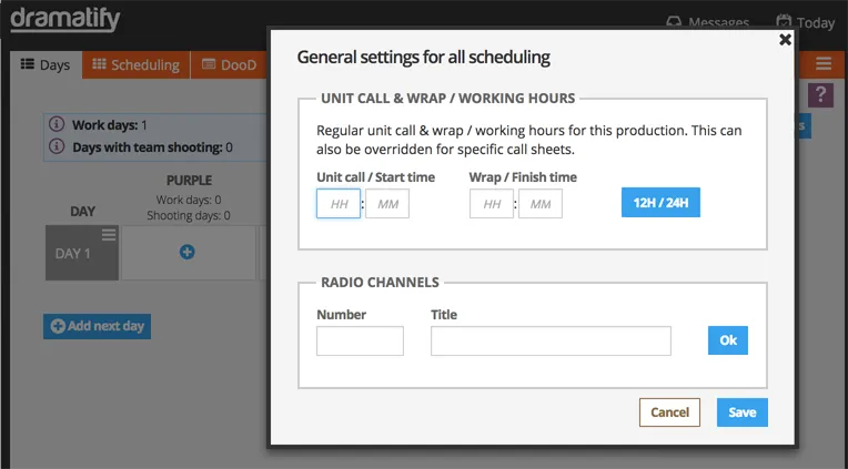 Set working hours and radio channels