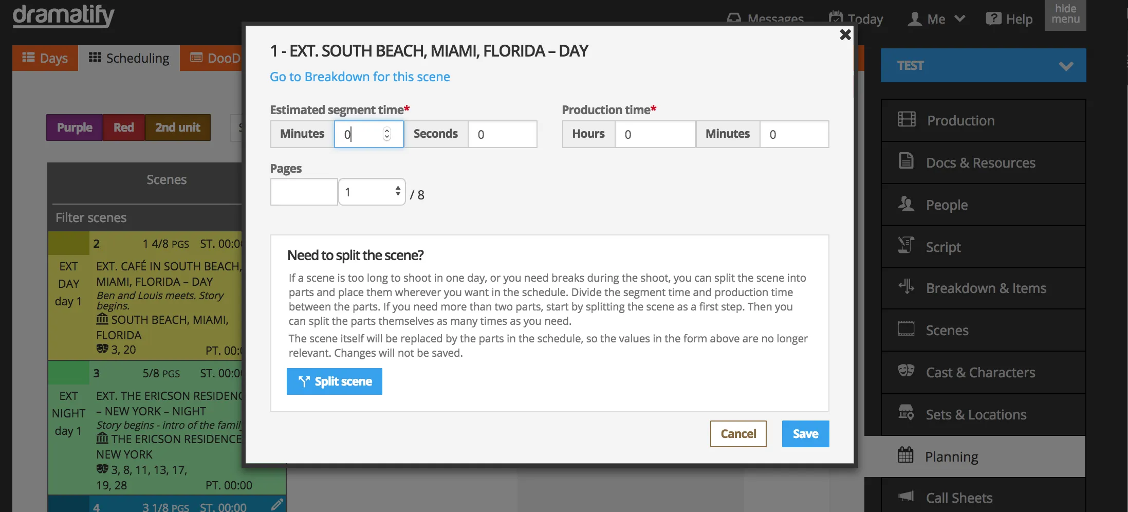 Scheduling: Split scenes
