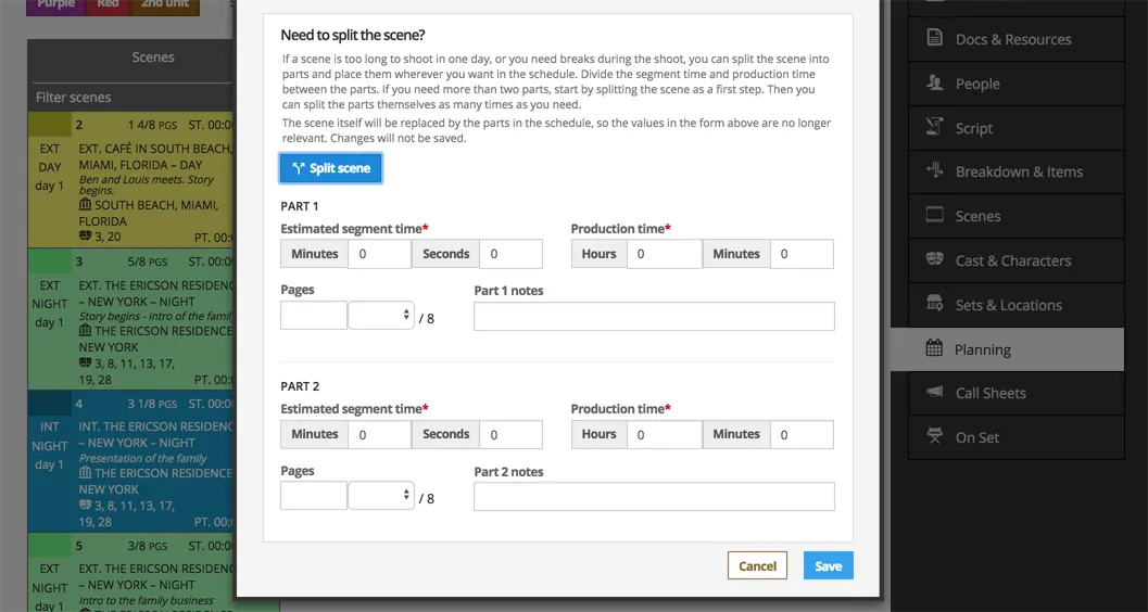 Scheduling: Splitting scenes