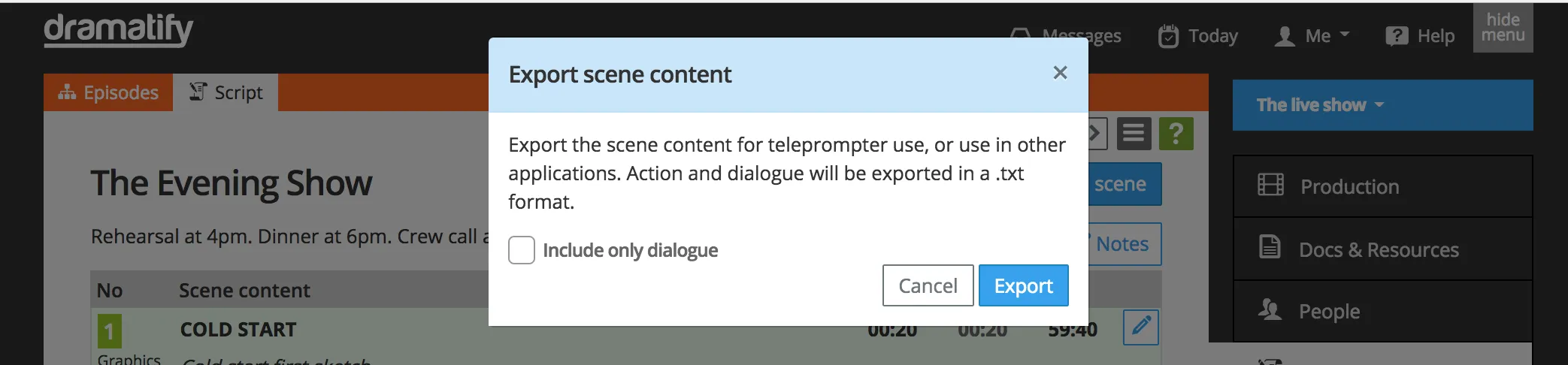 Selecting teleprompter export