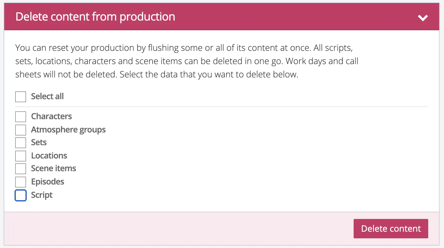 Flush and delete production and script content