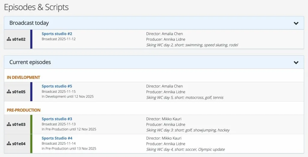 Episode list with production periods.