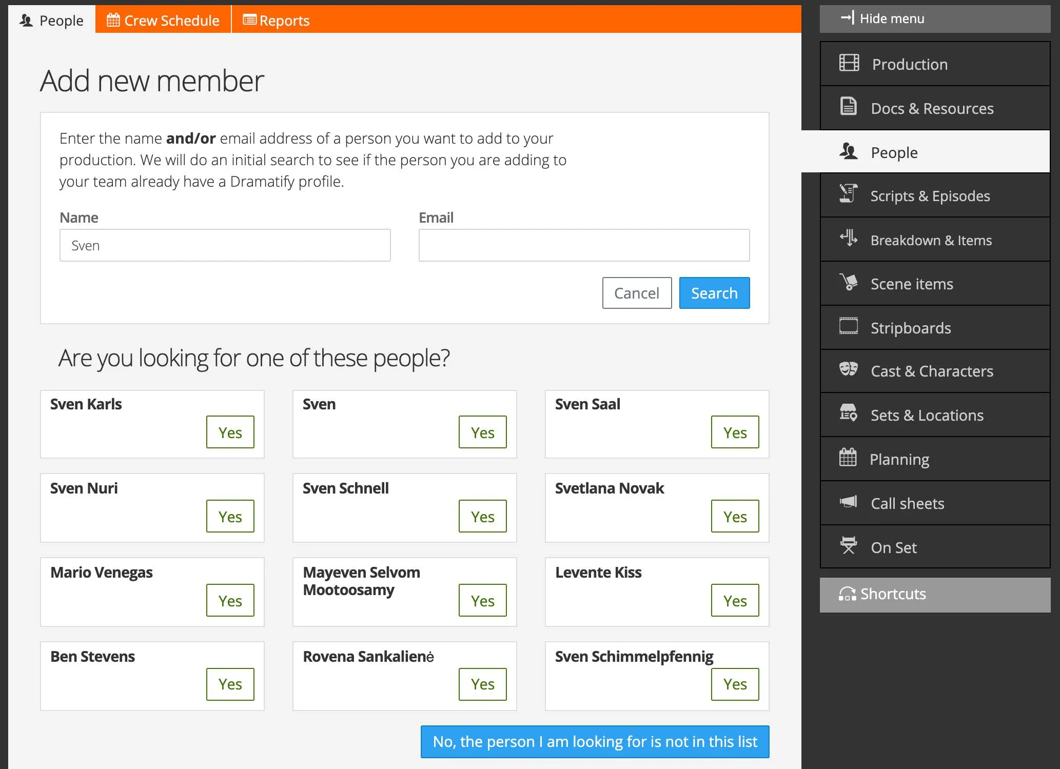 Search people to add to your Dramatify production