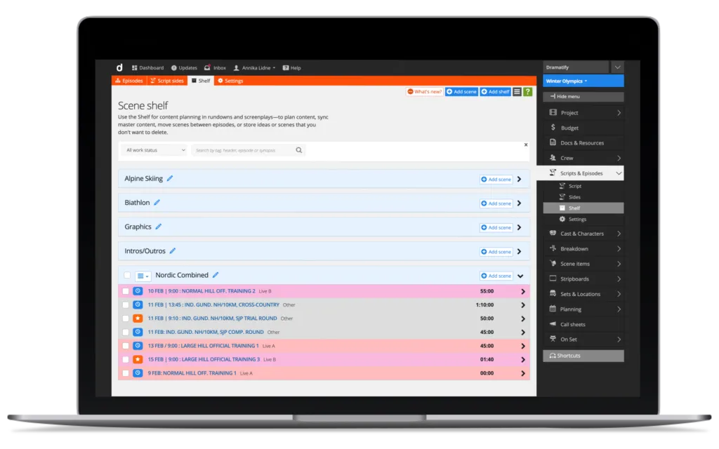 Sports production planning software, including the Shelf for content planning