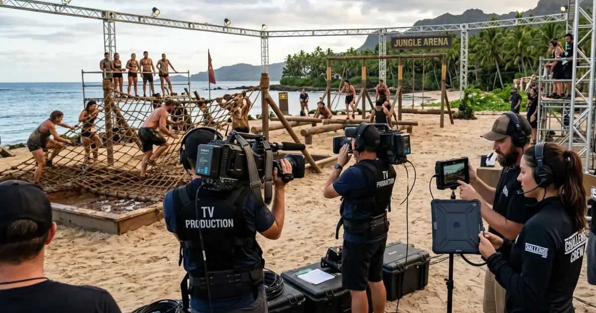 TV format production software managing a competition show filmed on a beach with crew, cameras and contestants during mid-production.