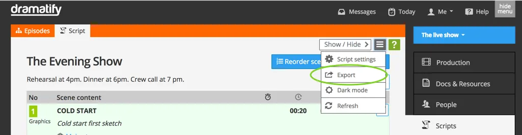 Teleprompter export of live/studio script and rundown