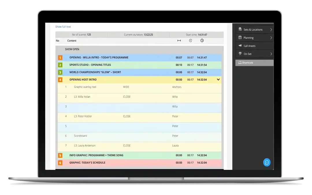 The new rundown compact view for directors and gallery staff with sources on individual shots.